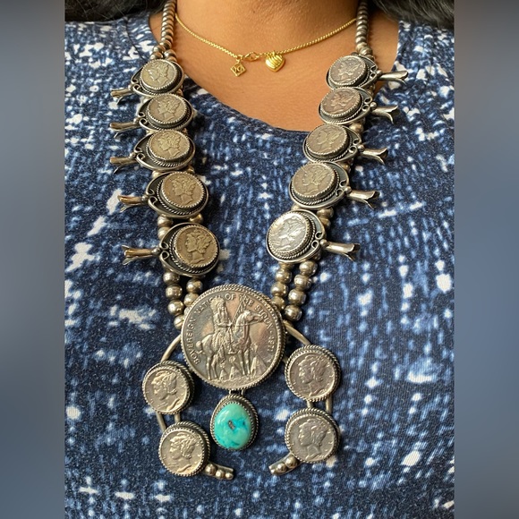 Jewelry - Vintage Native Navajo Squash Blossom Sterling Coin and Turquoise Necklace.